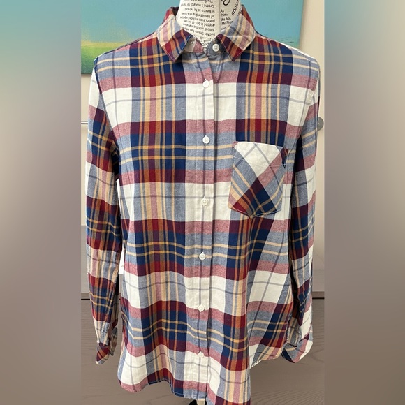 L..O.G.G. H&M Women’s Plaid Earth Tones Flannel Brick Red Tan Blue Button Up 8 - Picture 1 of 6